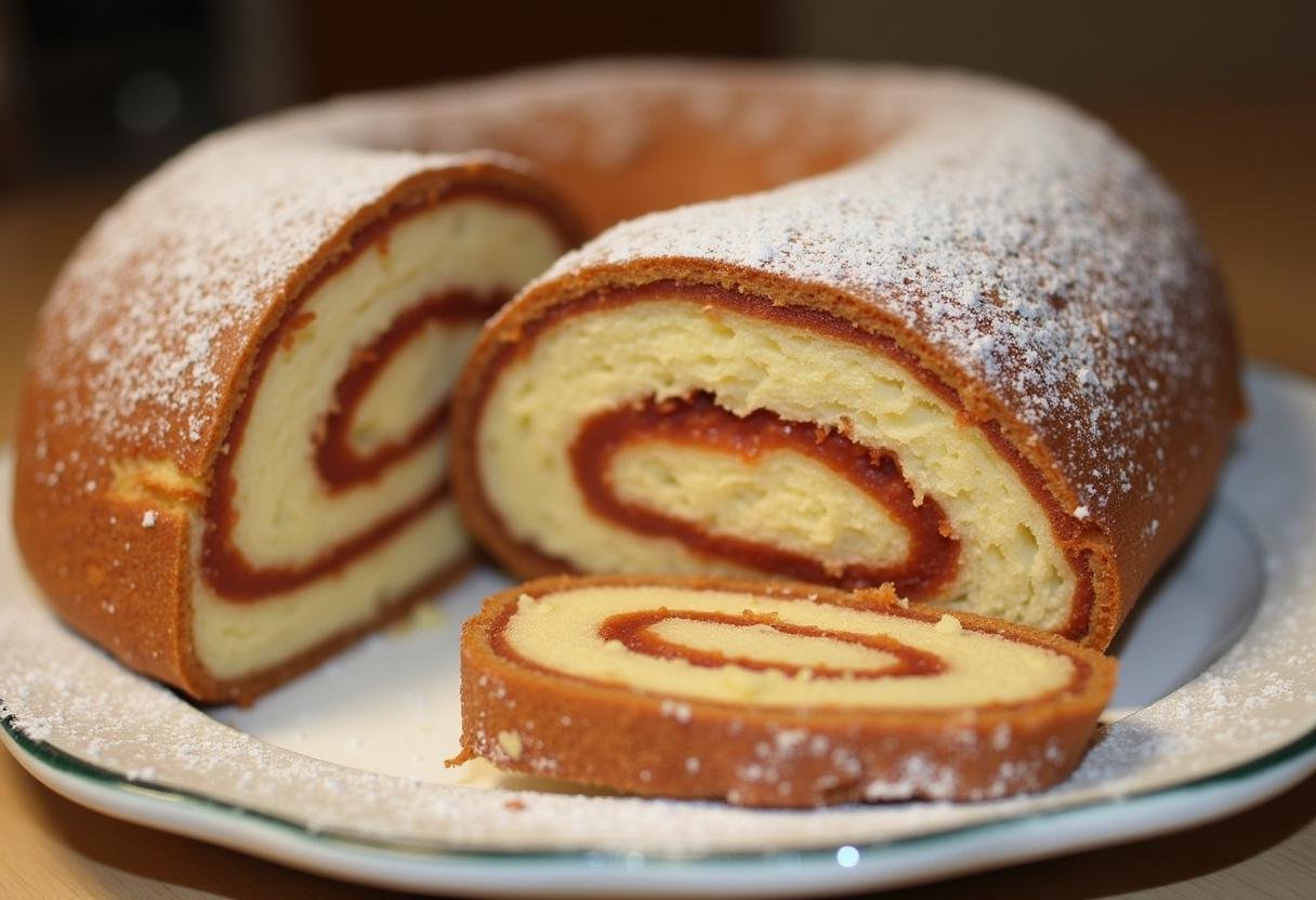 Bolo de Rolo fatiado e pronto para servir, com camadas de massa e goiabada em espiral.