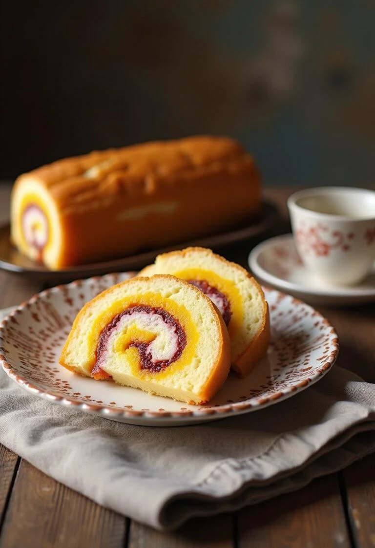 Bolo de Rolo Pernambucano fatiado e apresentado em um prato, destacando suas camadas vibrantes.