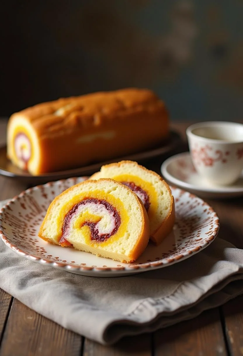 Bolo de Rolo Pernambucano fatiado e apresentado em um prato, destacando suas camadas vibrantes.
