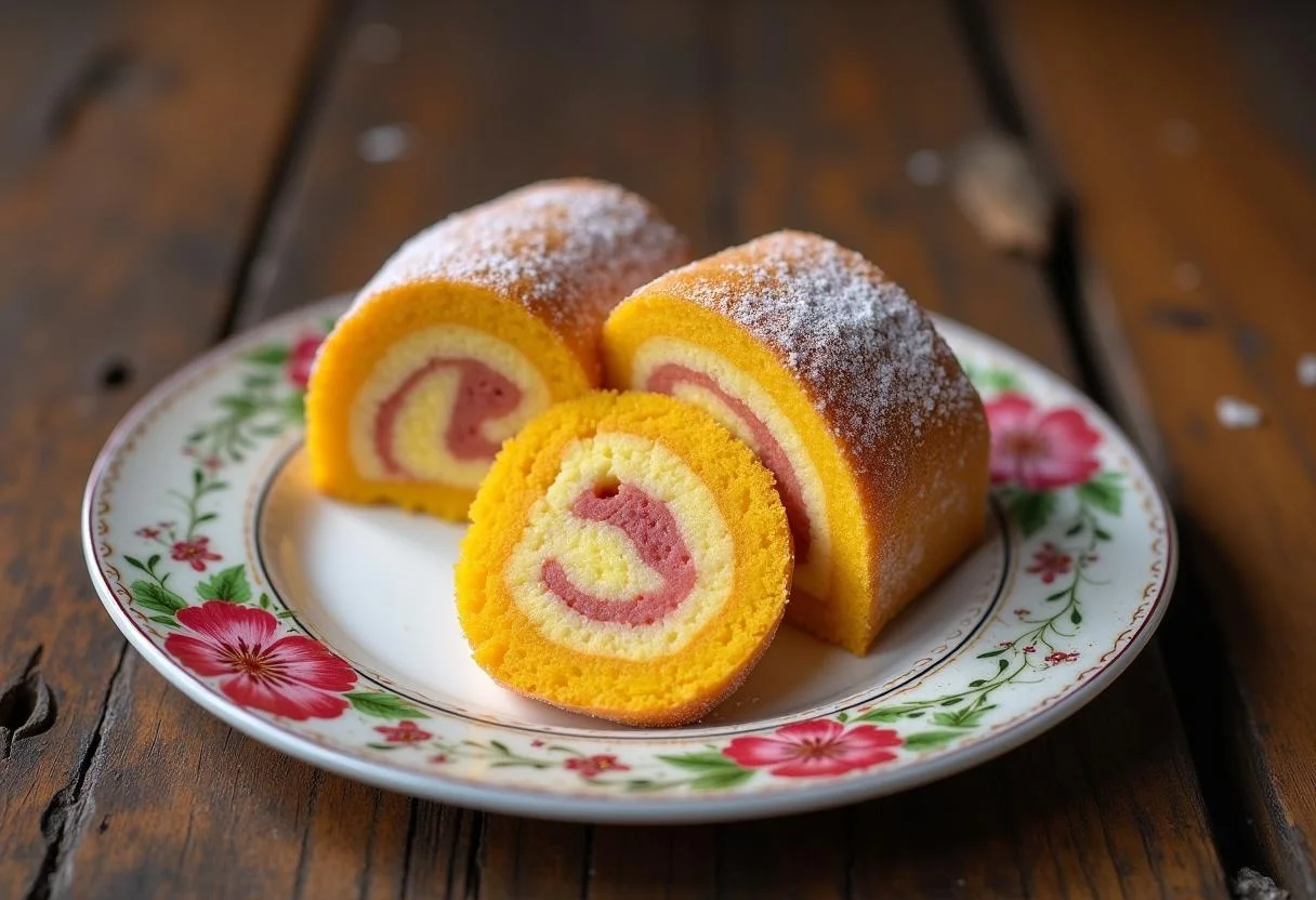 Bolo de Rolo Pernambucano fatiado e apresentado em um prato, destacando suas camadas vibrantes.