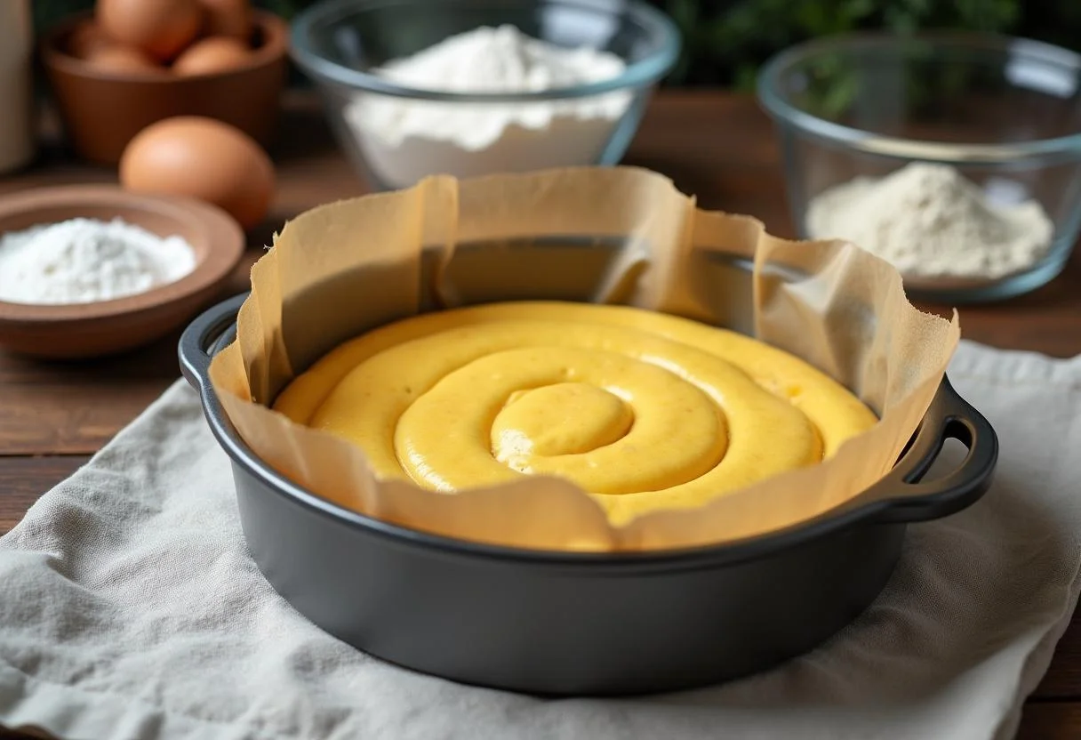 Ingredientes do Bolo de Rolo Pernambucano prontos para o preparo, incluindo farinha e açúcar.