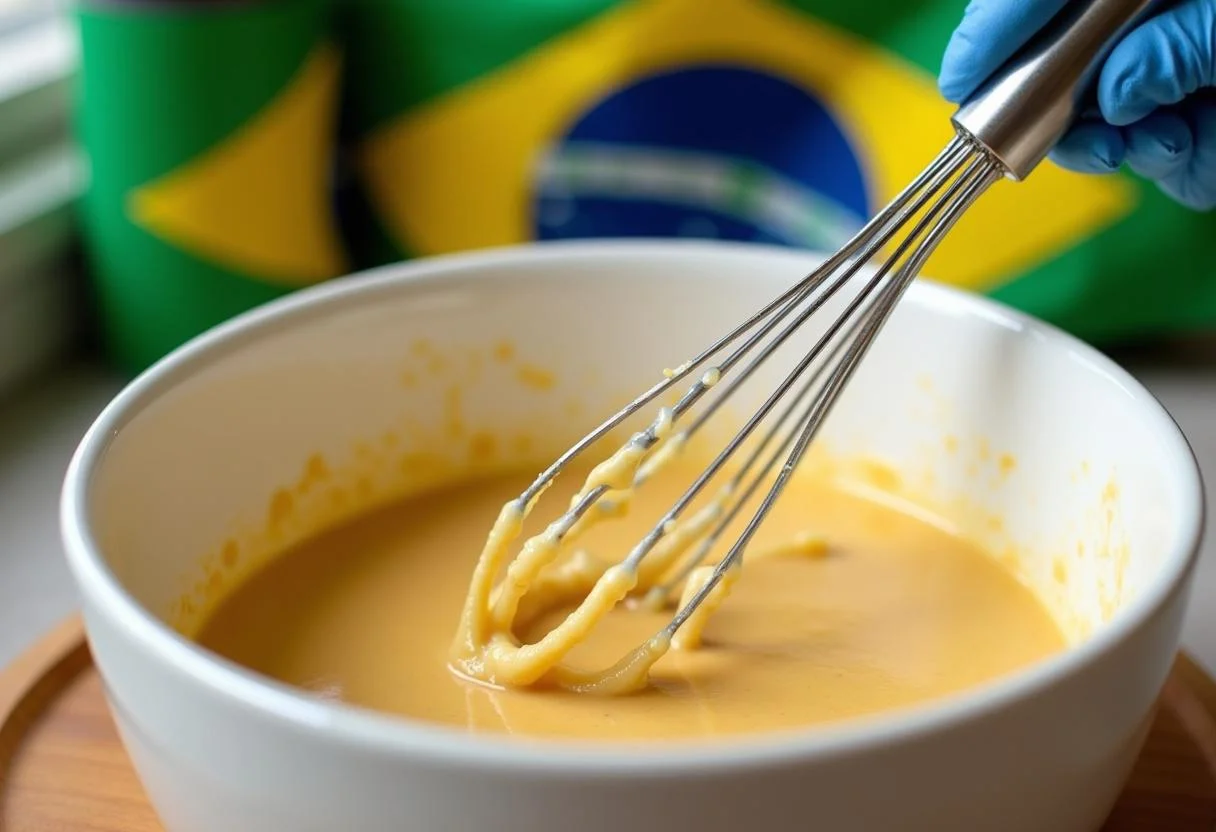 Mistura sendo batida para o Bolo de Rolo Pernambucano, destacando a cultura brasileira.