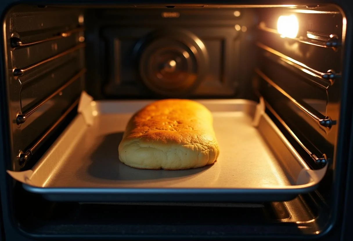 Bolo de Rolo Pernambucano assando no forno, mostrando sua cor dourada deliciosa.