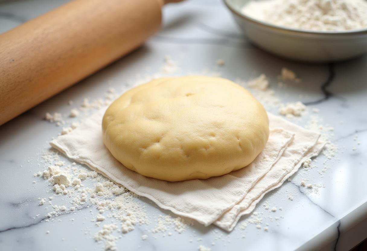 Preparação da massa do Bolo de Rolo com farinha, açúcar e rolo de macarrão em bancada de mármore.