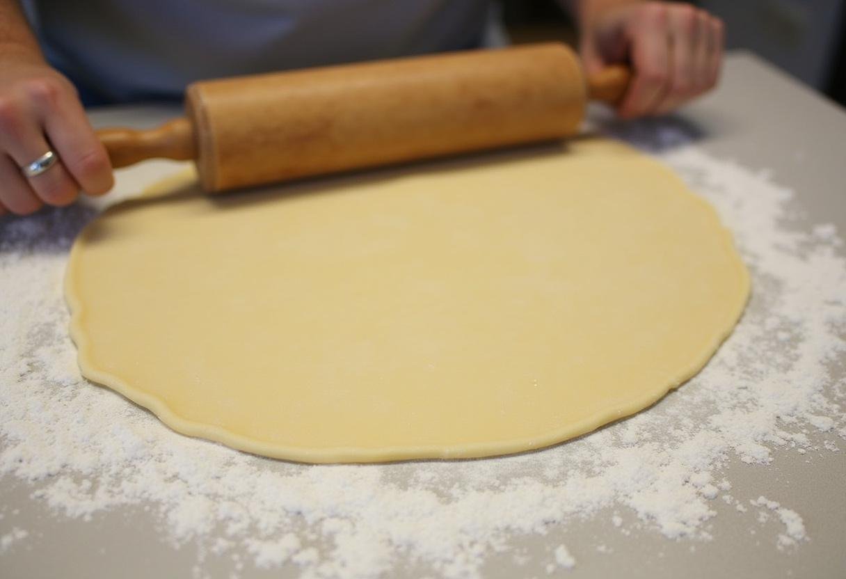 Massa fina sendo aberta com rolo para preparar o Bolo de Rolo tradicional.