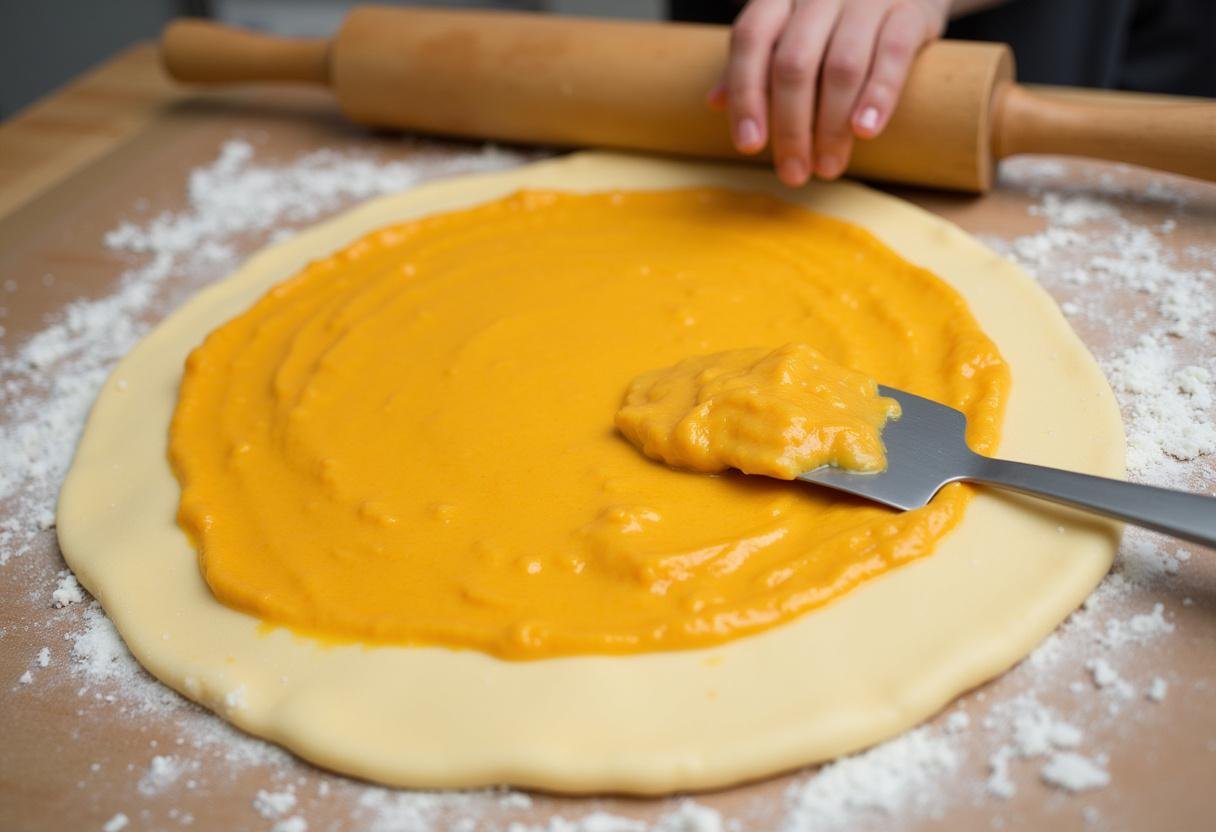 Recheio de goiabada sendo espalhado sobre a massa fina do Bolo de Rolo.