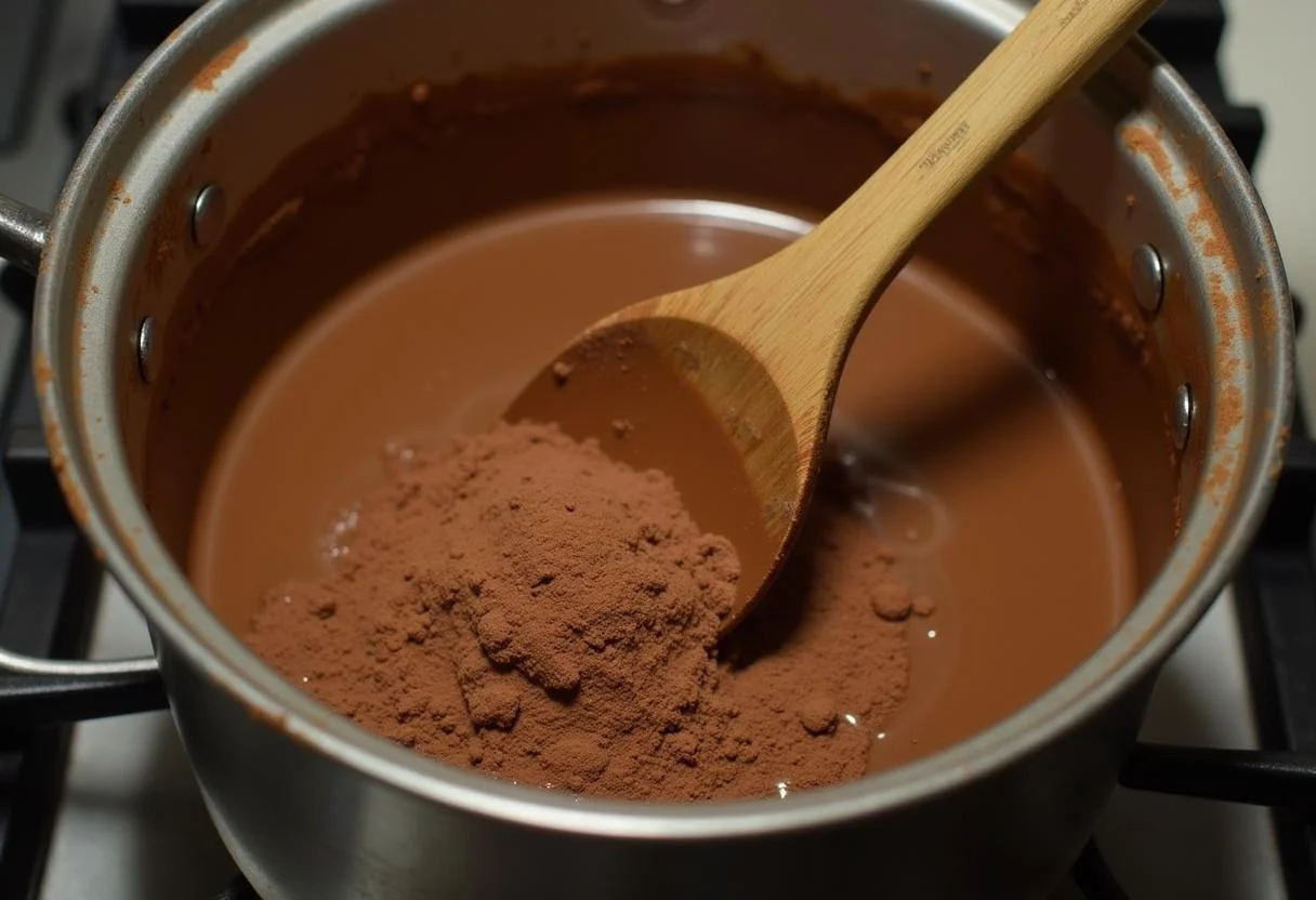 Mistura de leite condensado e chocolate em uma panela para Brigadeiro Gourmet Cremoso.