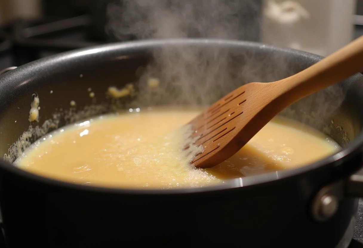 Brigadeiro mixture bubbling gently in a pot on the stove.