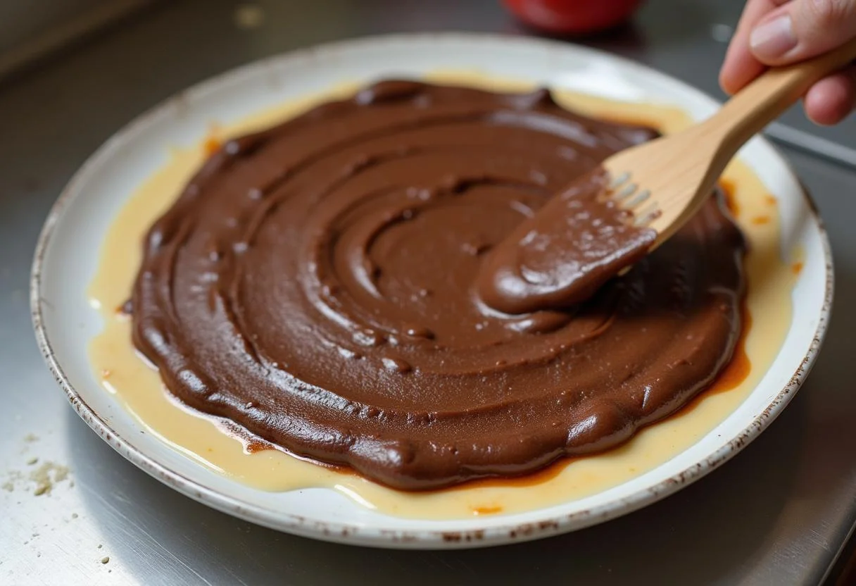 Transferindo a mistura de Brigadeiro para um prato para esfriar.