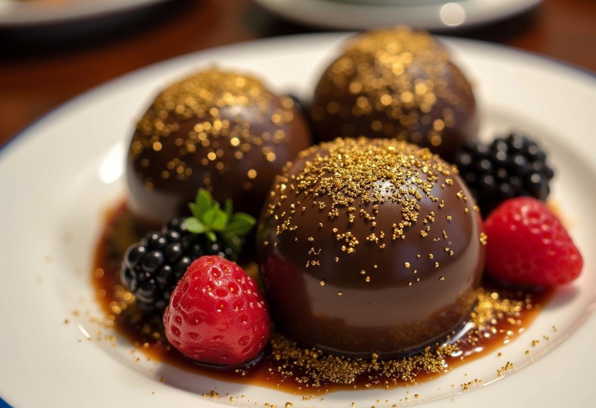 Brigadeiro Gourmet dos Sonhos finalizado, com bolinhas de chocolate brilhantes e granulado, decorado com pó de ouro e frutas frescas.
