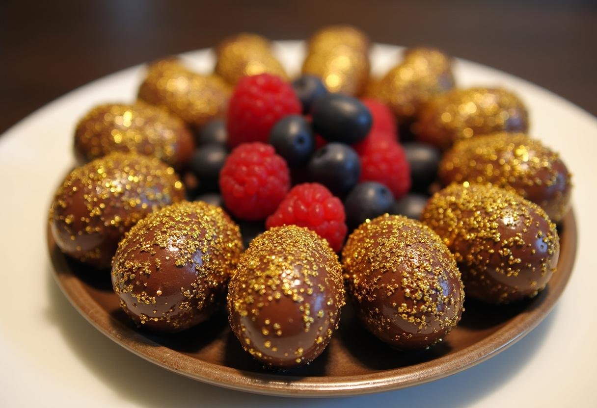 Brigadeiro Gourmet dos Sonhos finalizado, com bolinhas de chocolate brilhantes e granulado, decorado com pó de ouro e frutas frescas.