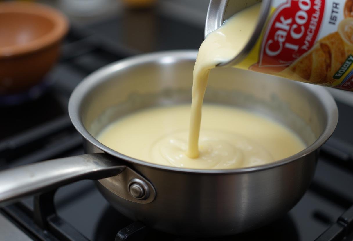 Condensed milk sendo despejada em uma panela para fazer Brigadeiro Gourmet dos Sonhos.