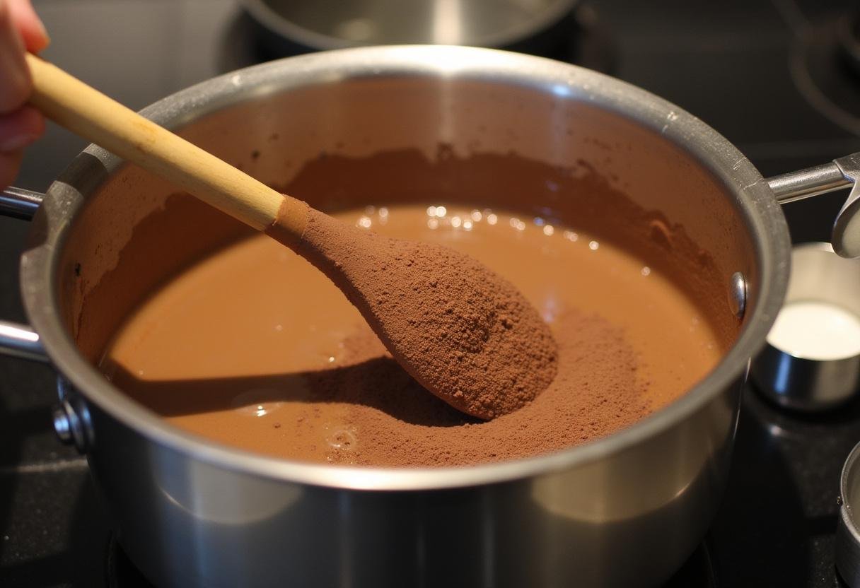 Mistura de leite condensado e chocolate em pó sendo mexida em fogo baixo para Brigadeiro Gourmet.