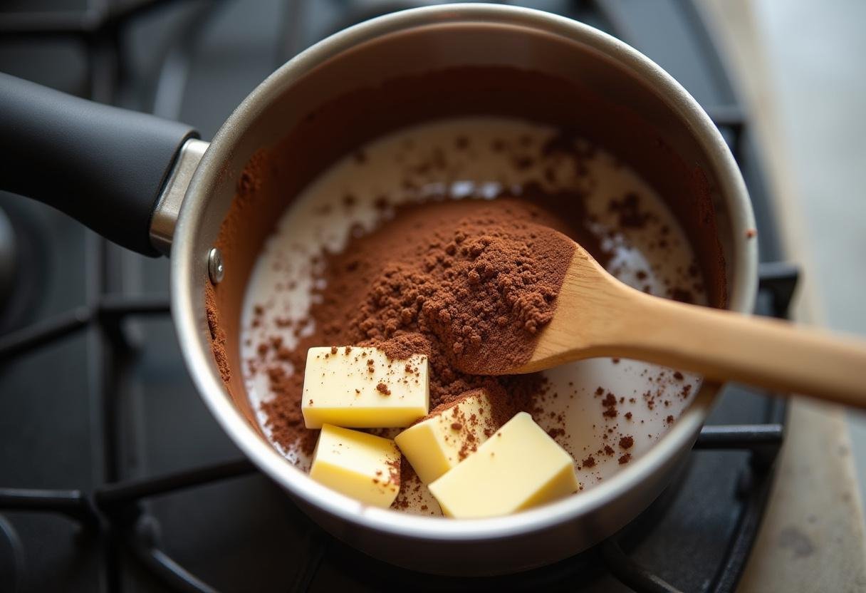 Melted setup of condensed milk, cocoa powder, and butter for Brigadeiro Gourmet dos Sonhos.