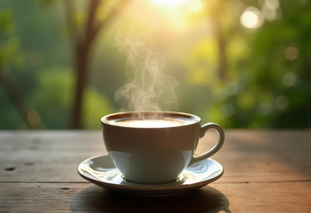 Xícara de café de jacu apresentada em um cenário natural, destacando seu sabor raro e exótico.