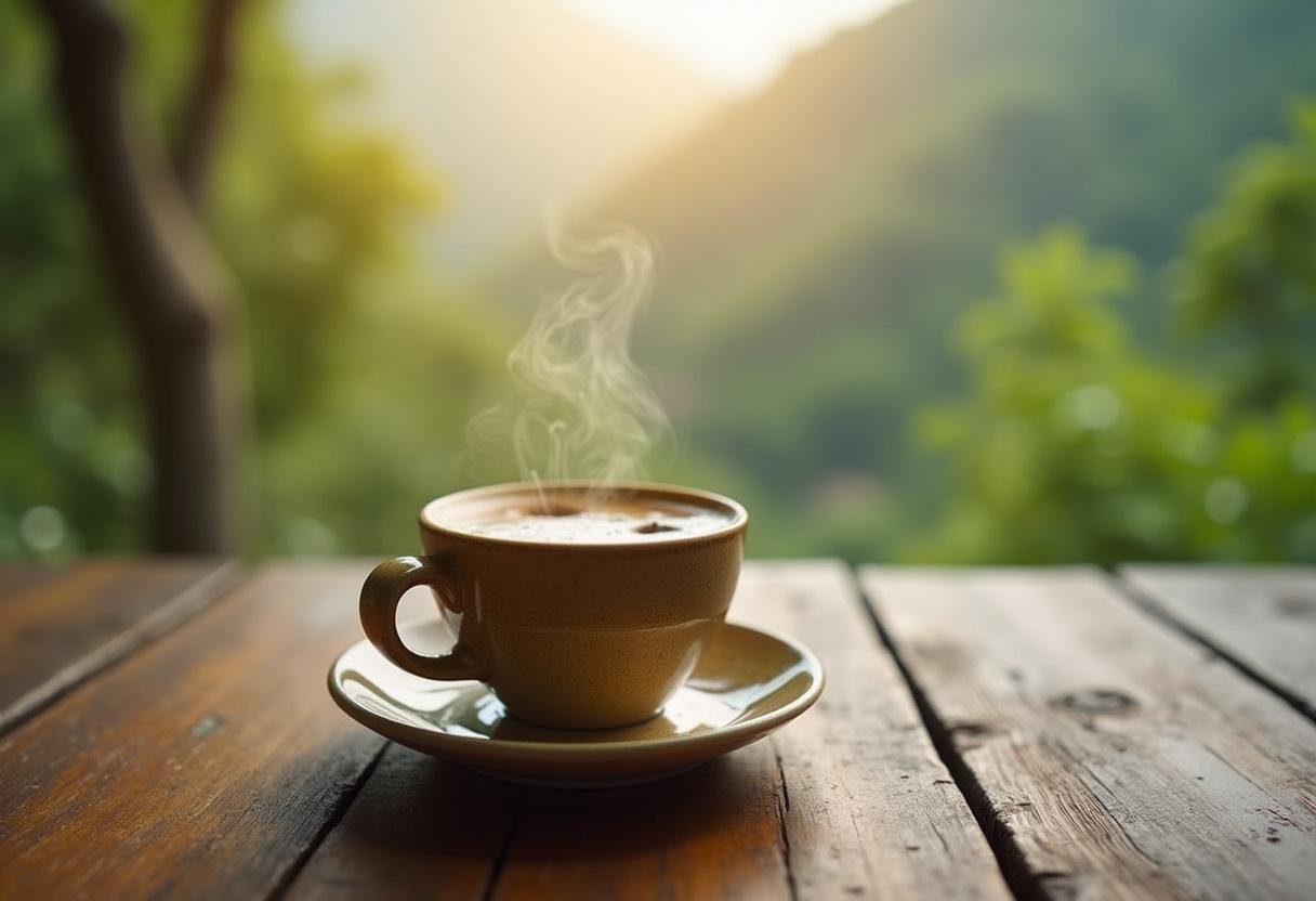 Xícara de café de jacu apresentada em um cenário natural, destacando seu sabor raro e exótico.