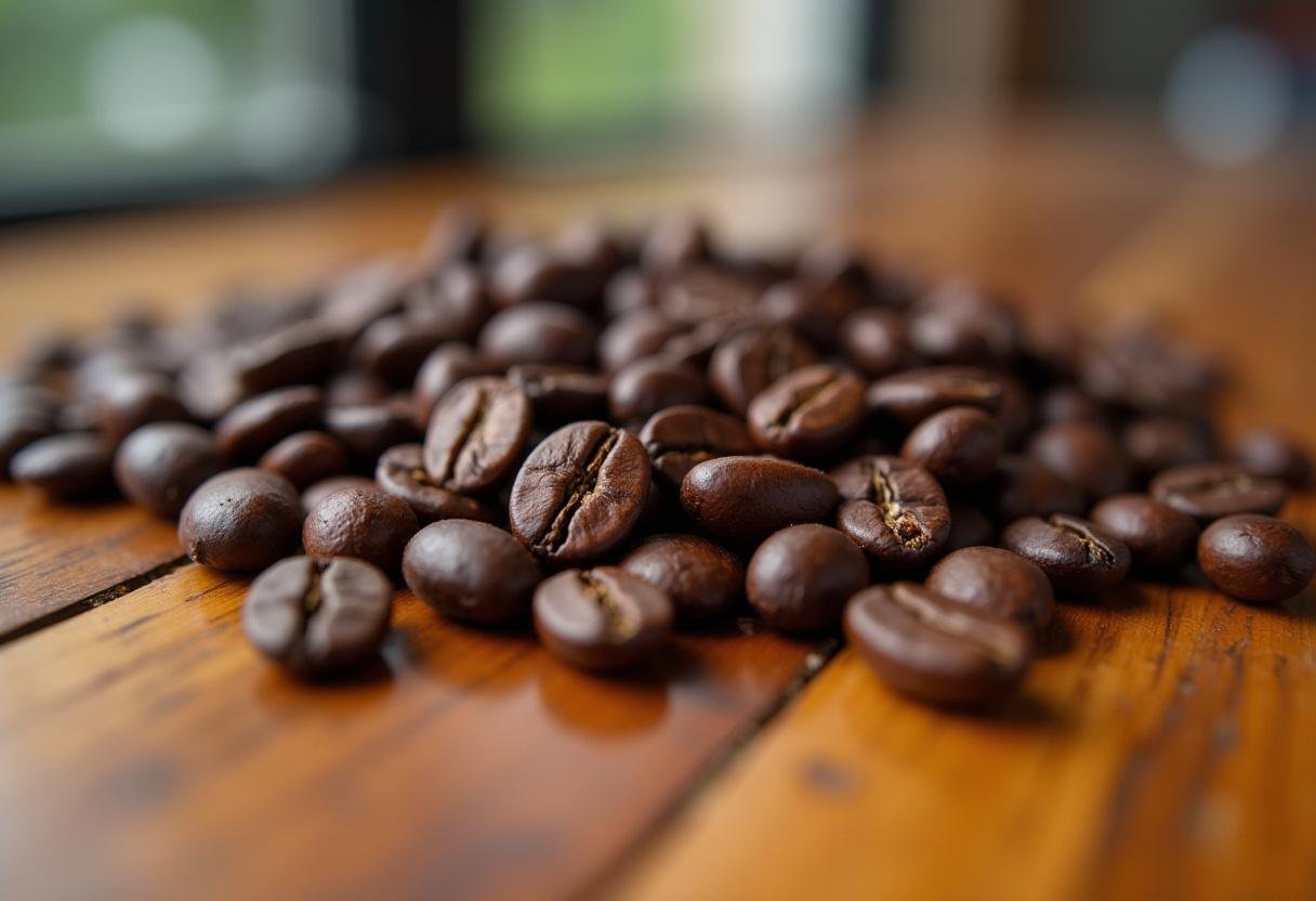 Grãos de café de jacu recém-colhidos, mostrando características raras e exóticas.