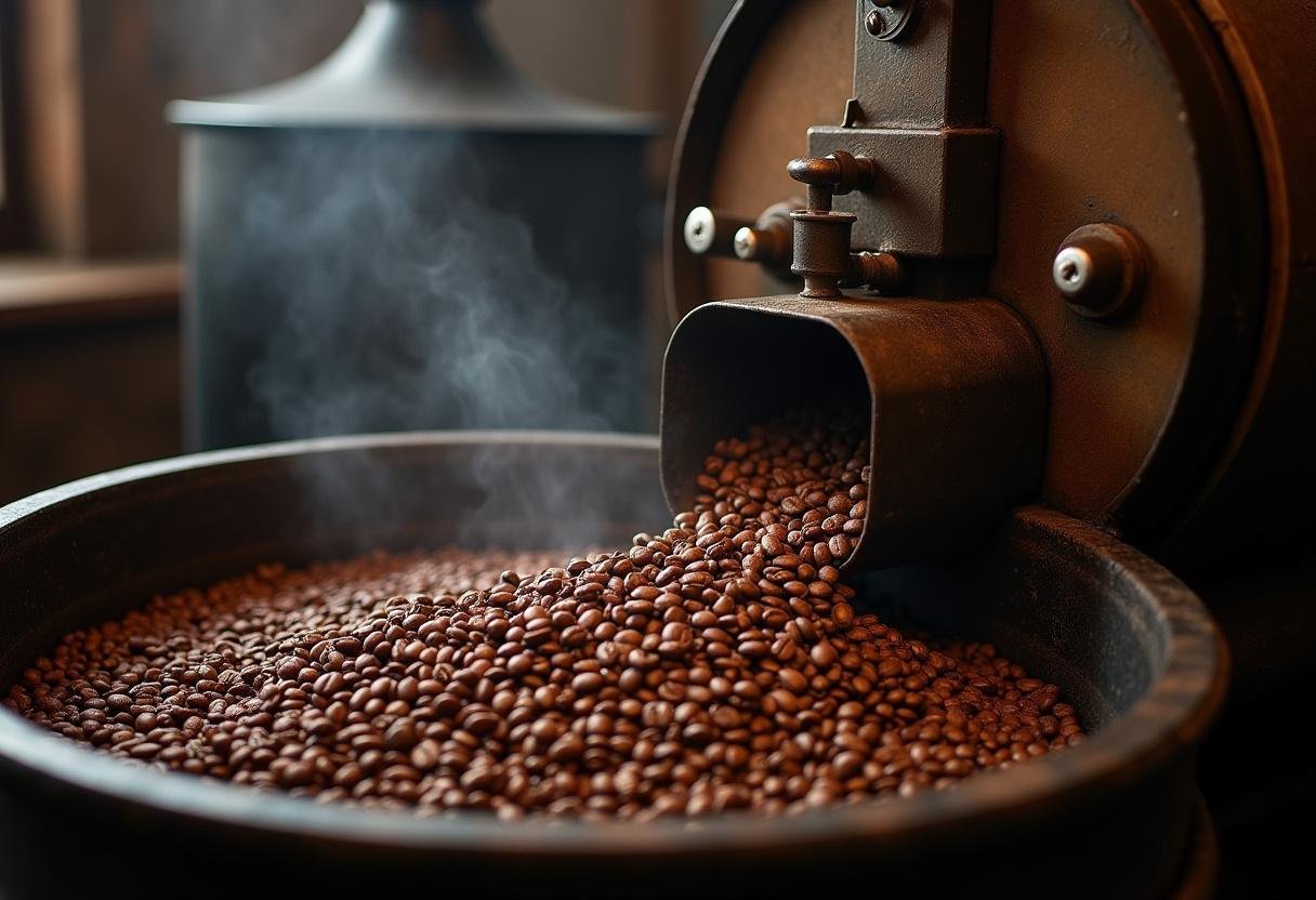 Grãos de café jacu sendo torrados em uma máquina tradicional, liberando aromas ricos.