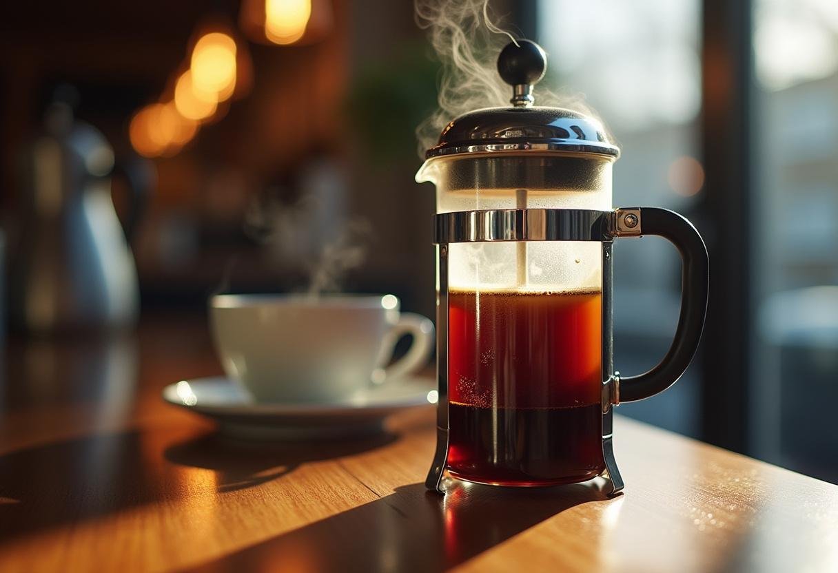 Café de jacu fresco sendo preparado em uma prensa francesa, com vapor subindo no ar.