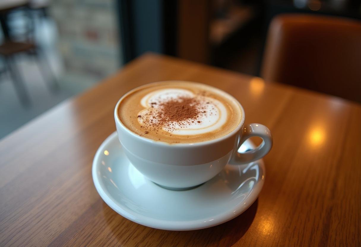 Cafe macchiato italiano cremoso servido com toque de cacau, ideal para apreciar.