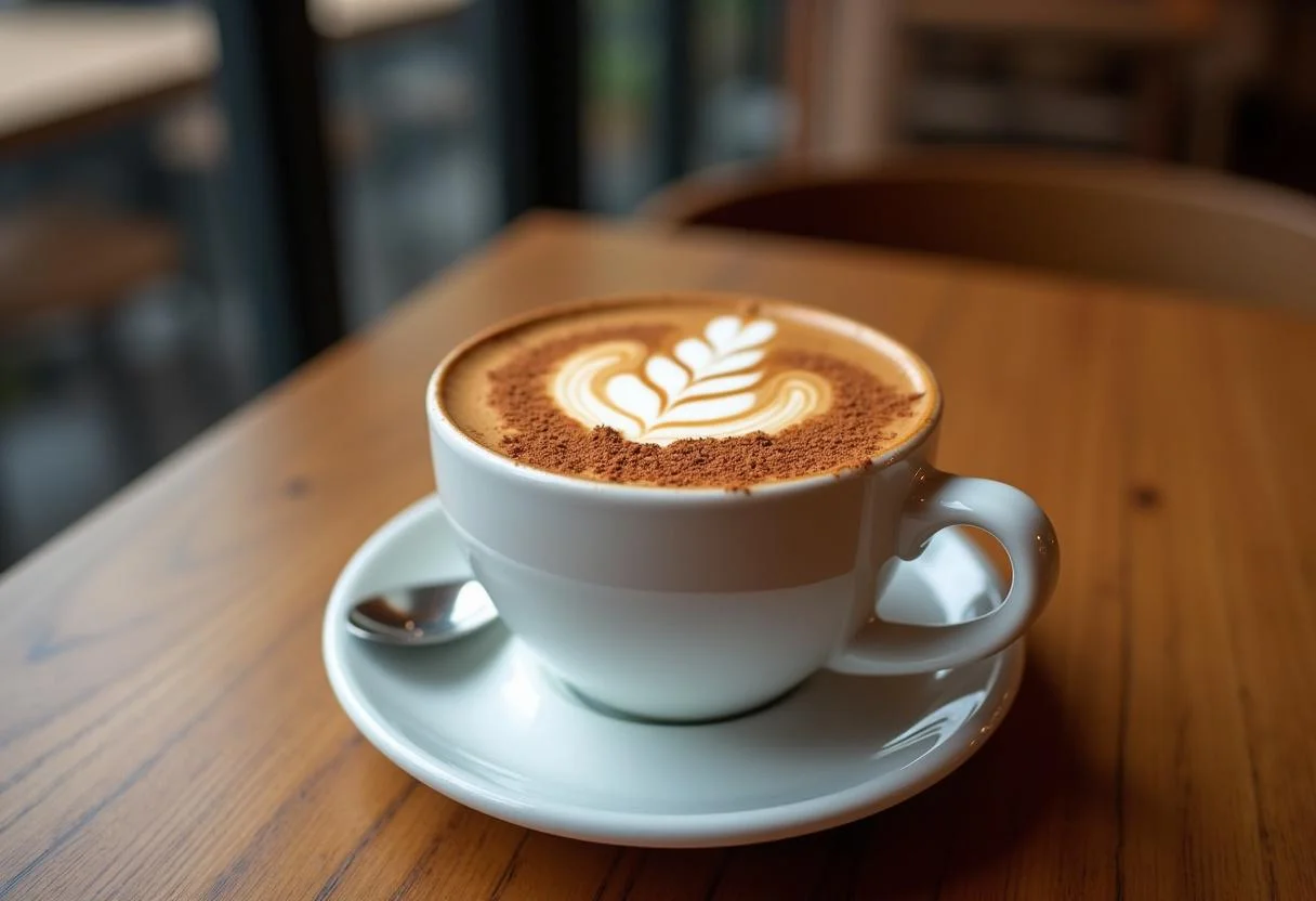 Cafe macchiato italiano cremoso servido com toque de cacau, ideal para apreciar.
