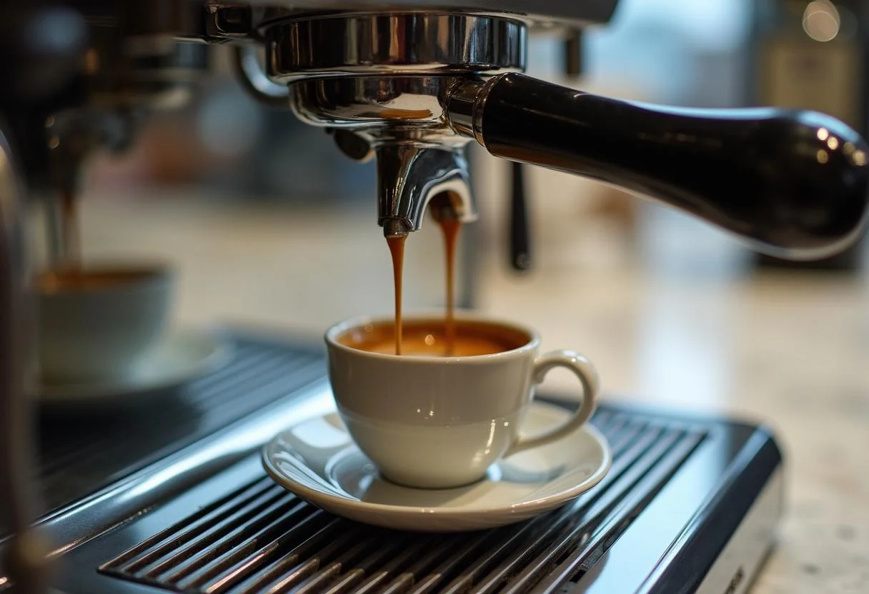 Preparando cafe macchiato com espresso fresco saindo da maquina.