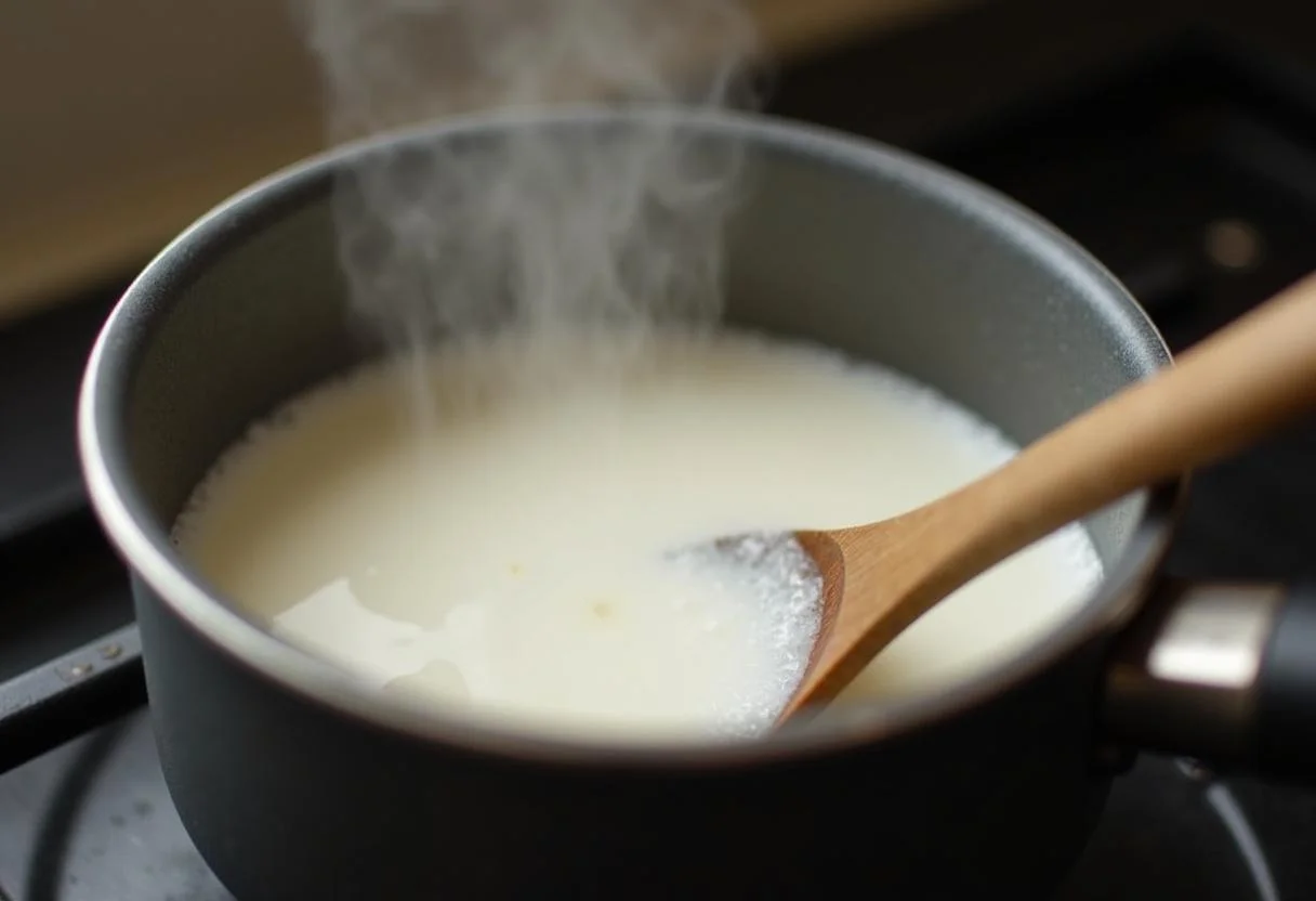 Aquecendo leite em uma panela para fazer cafe macchiato italiano cremoso.
