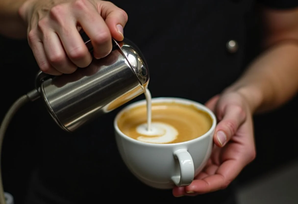 Barista preparando espuma de leite perfeita para cafe macchiato italiano cremoso.