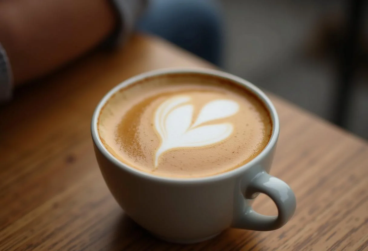 Adicionando leite espumoso ao cafe macchiato italiano, formando um visual cremoso.