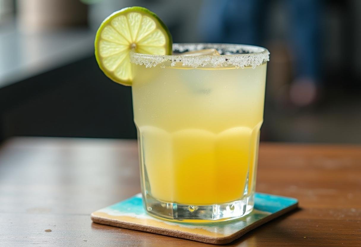 Caipirinha pronta, gelada e decorada com limão, perfeita para servir.