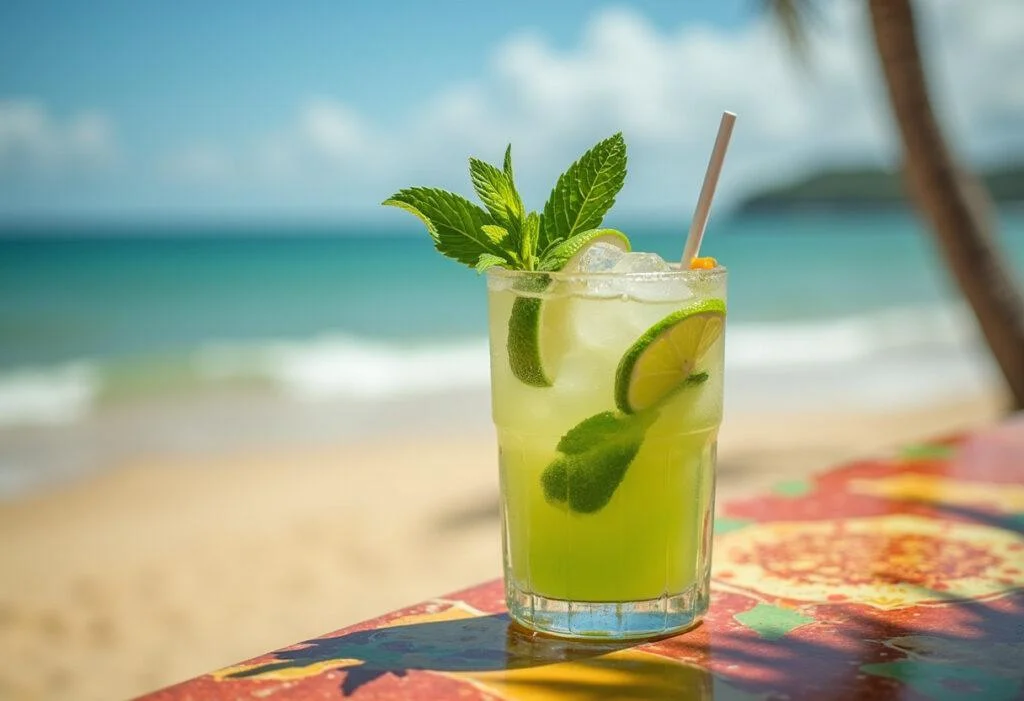 Caipirinha Refrescante pronta para servir, decorada com limão e hortelã, perfeita para o verão tropical.
