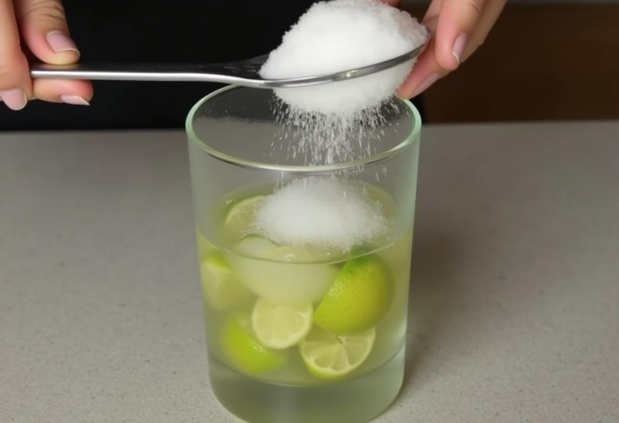 Limões e açúcar sendo macerados no pilão para preparar a Caipirinha Refrescante.