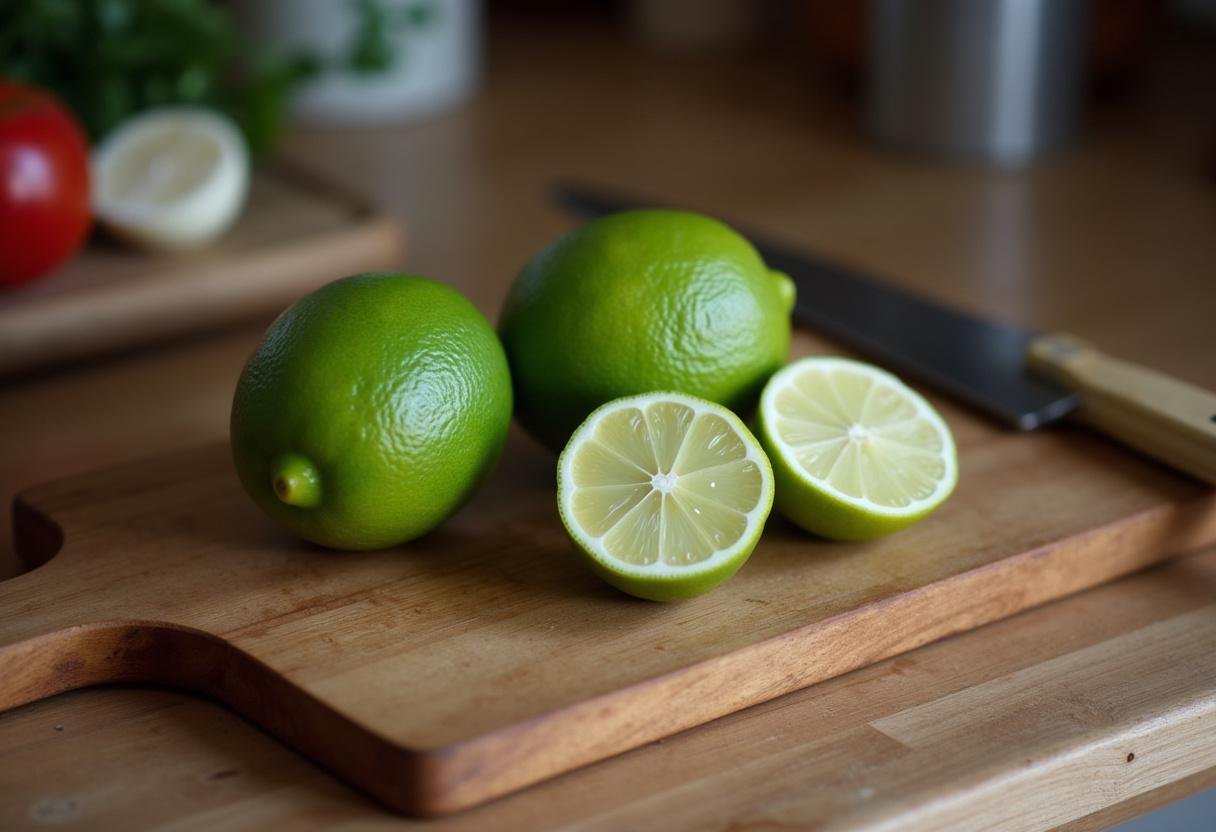 Limes cortados em quartos em uma tábua de madeira para fazer caipirinha.