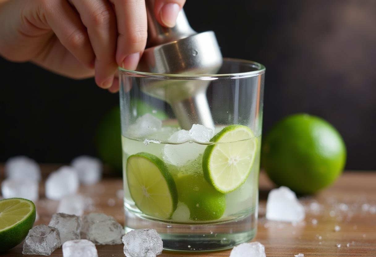 Socando limão e açúcar no copo para fazer caipirinha.