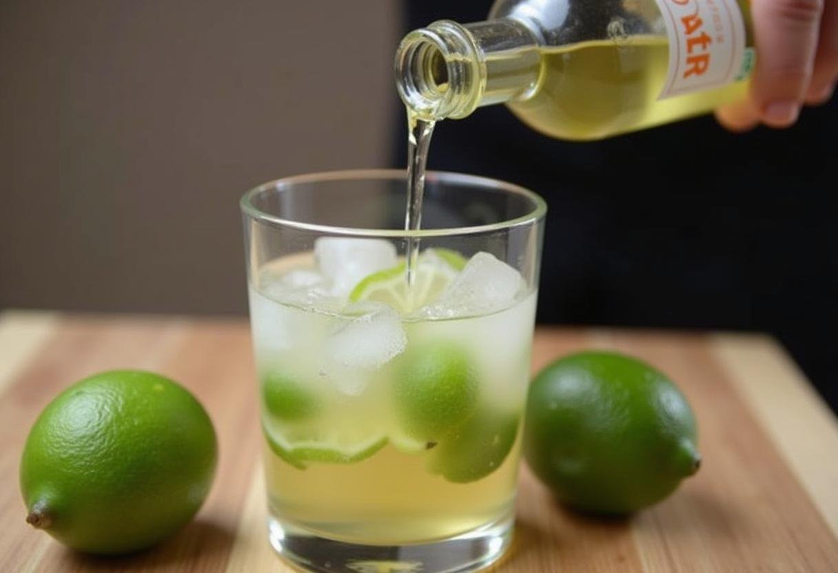 Despejando cachaça sobre a mistura de limão e açúcar para caipirinha.