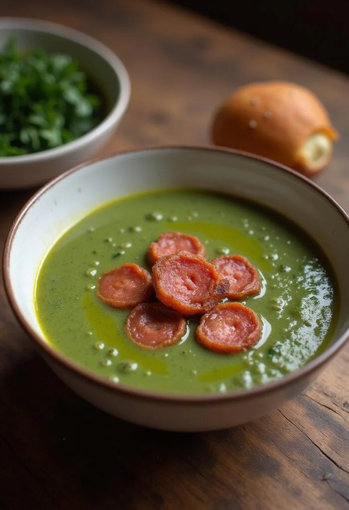 Delicious Caldo Verde Cremoso served with chorizo garnish, perfect for a comforting meal.
