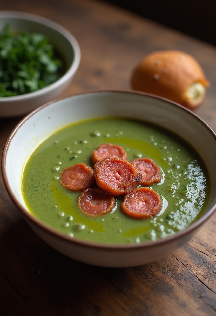 Delicious Caldo Verde Cremoso served with chorizo garnish, perfect for a comforting meal.