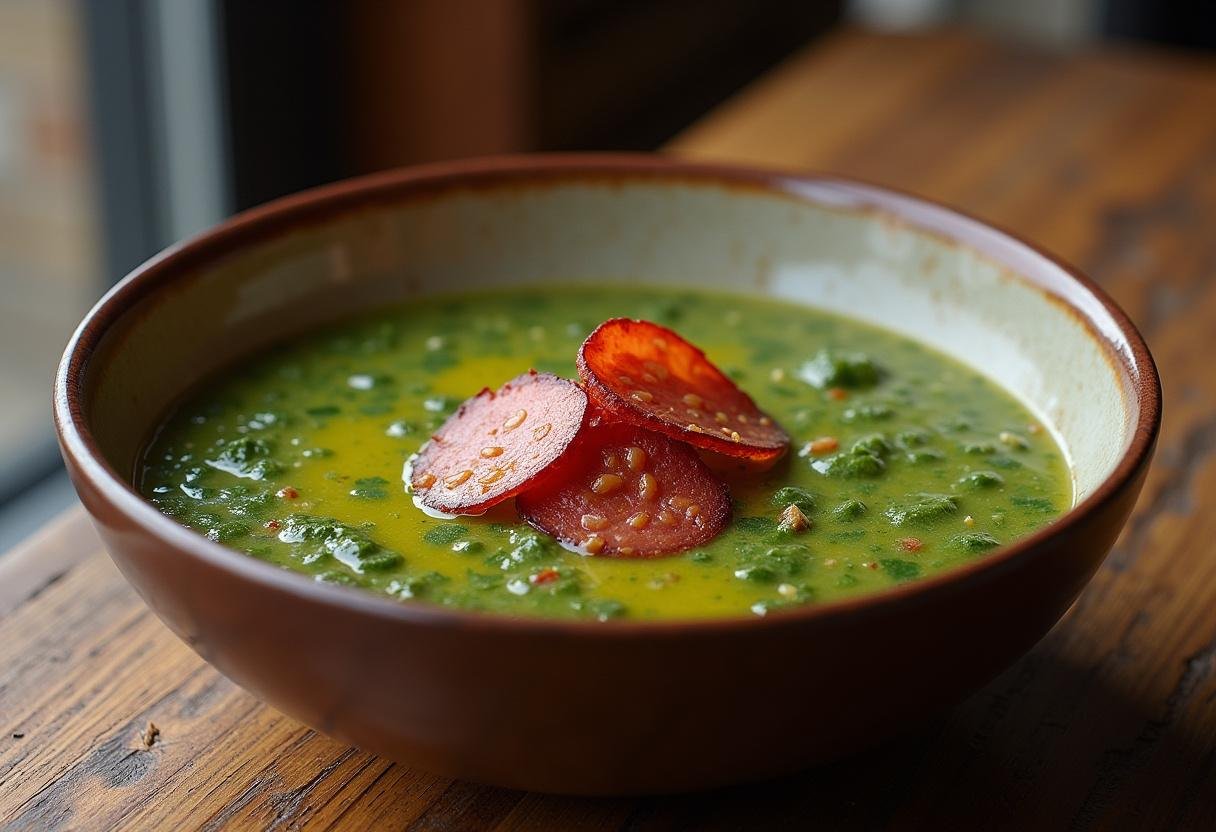 Delicious Caldo Verde Cremoso served with chorizo garnish, perfect for a comforting meal.