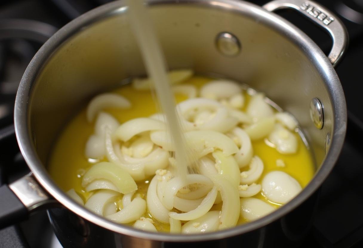 Base preparation for Caldo Verde Cremoso with onions and garlic in olive oil.