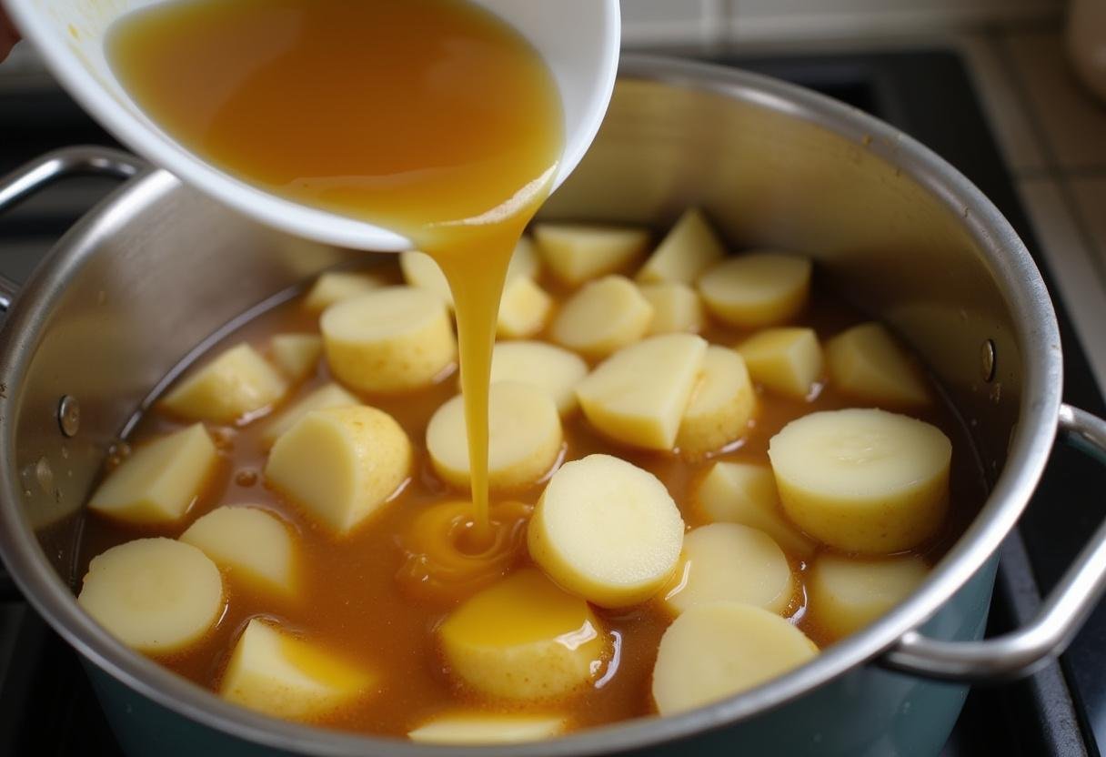 Adding chopped potatoes to the simmering base for Caldo Verde Cremoso.