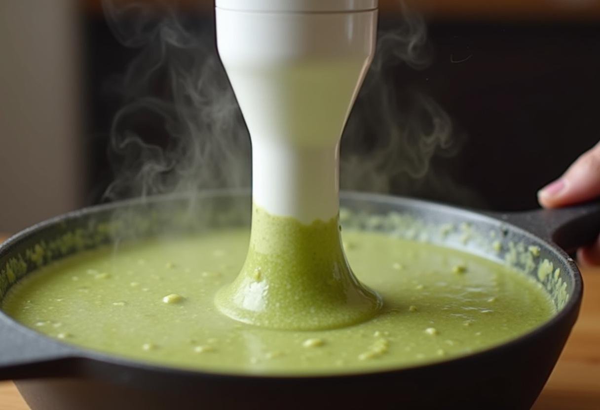 Blending the Caldo Verde Cremoso to achieve a smooth, creamy texture.