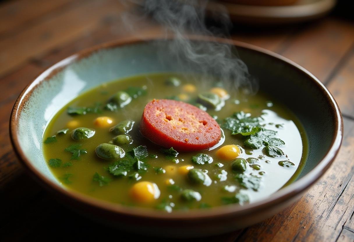 Prato finalizado de caldo verde com azeite e chouriço, uma sopa tradicional portuguesa.