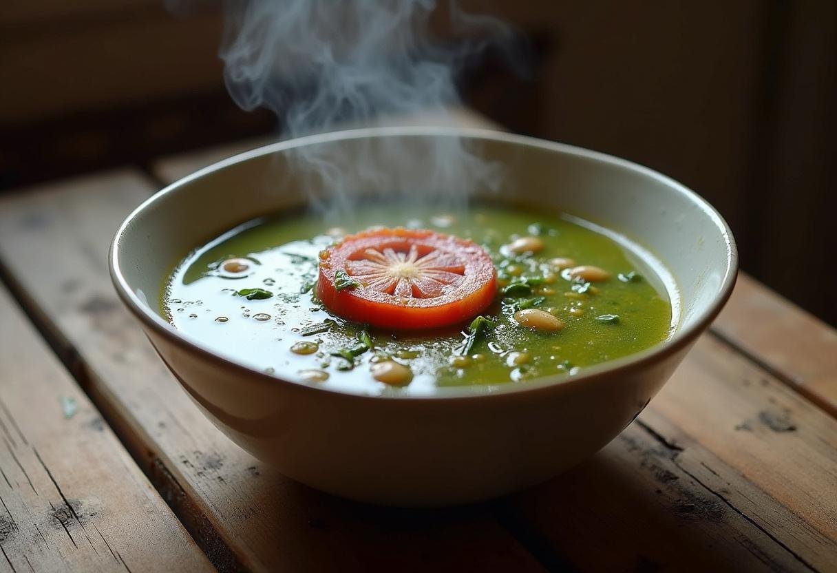 Prato finalizado de caldo verde com azeite e chouriço, uma sopa tradicional portuguesa.