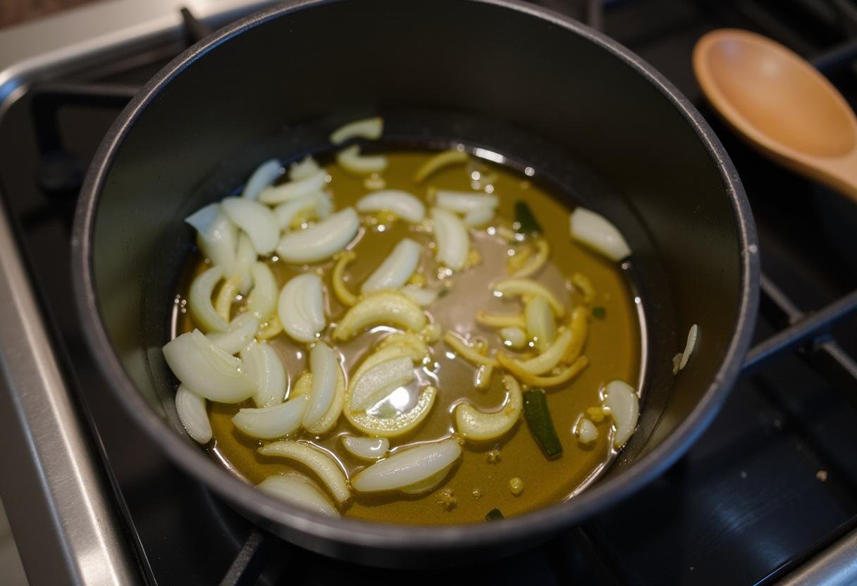 Cebola e alho sendo refogados em azeite para o caldo verde tradicional.