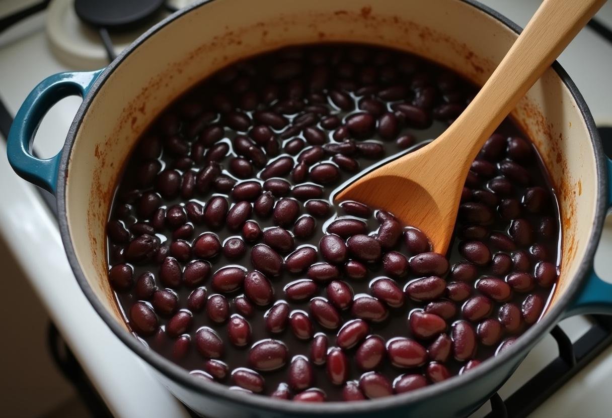Panela com feijão preto e água para preparar caldo de feijão reconfortante.