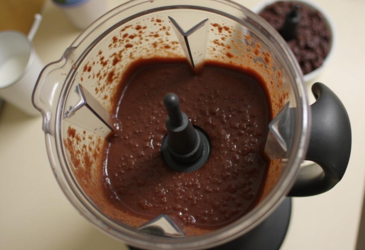 Feijão preto cozido sendo batido no liquidificador para o caldo.