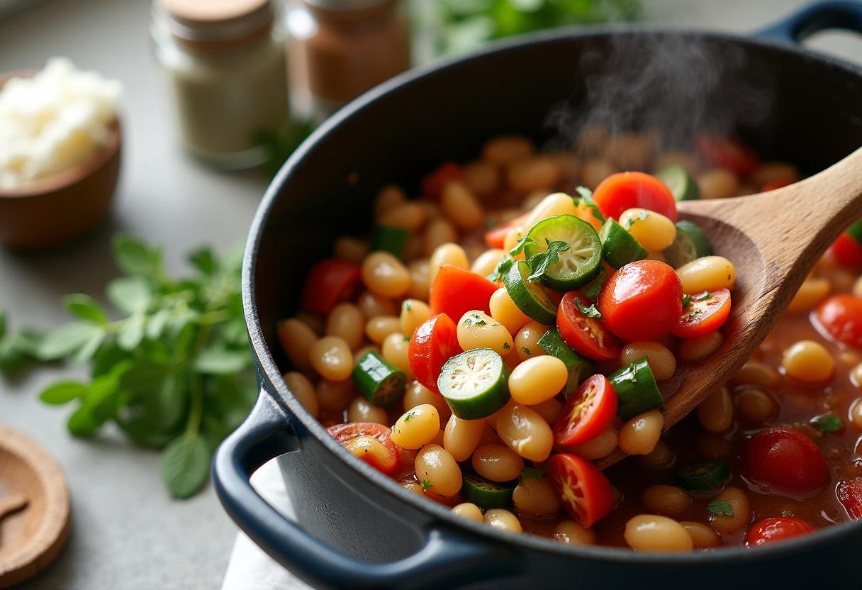 Vegetais refogados adicionados ao feijão para o caldo de feijão reconfortante e saboroso.