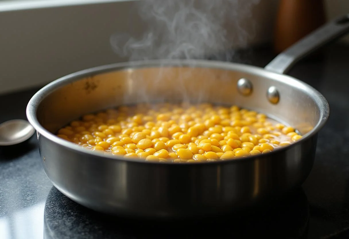 Cozinhando o milho em uma panela para preparar Canjica Doce Tradicional.
