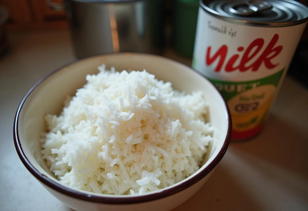 Ingredientes de coco ralado e leite condensado para a preparação da Canjica Doce.