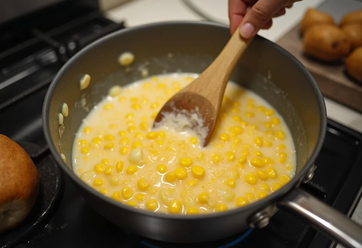Misturando os ingredientes para Canjica Doce em uma panela no fogão.